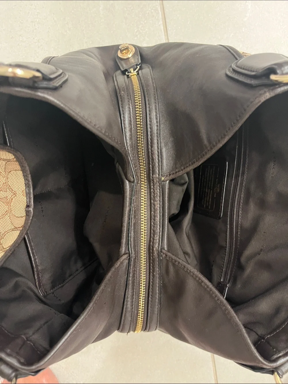 Coach Brown Signature Canvas Shoulder Bag with Brown Leather Trim